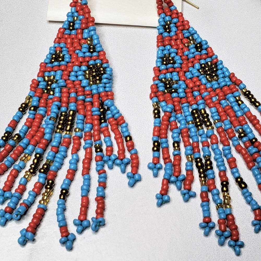 NWT Turquoise Red Gold Beaded Boho Earrings - Picture 2 of 2